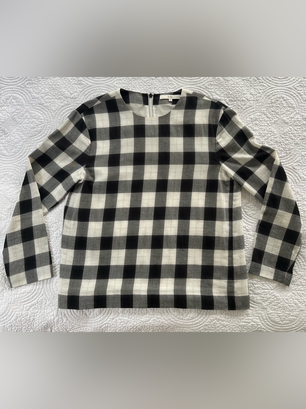 Tibi Black and White Soft Cotton Plaid Crewneck Top S
